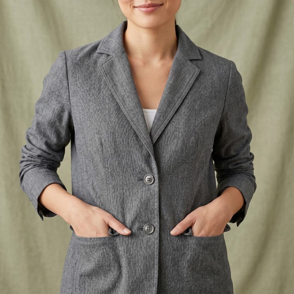J. Jill Women’s XS Grey 100% Cotton Blazer Two Button Lightweight Office Career